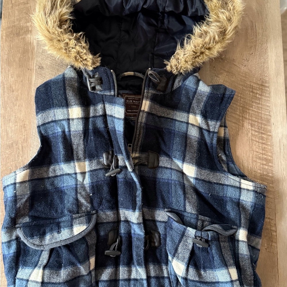 Plaid Hooded Vest with Faux Fur Trim
